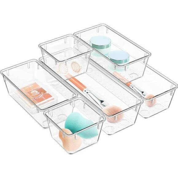 Clear Acrylic Drawer Organizer Set 6 Pack Makeup Jewelry Office Storage Bins - Picture 1 of 7